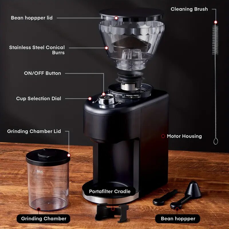 Black Conical Burr Coffee Grinder Adjustable Burr Mill